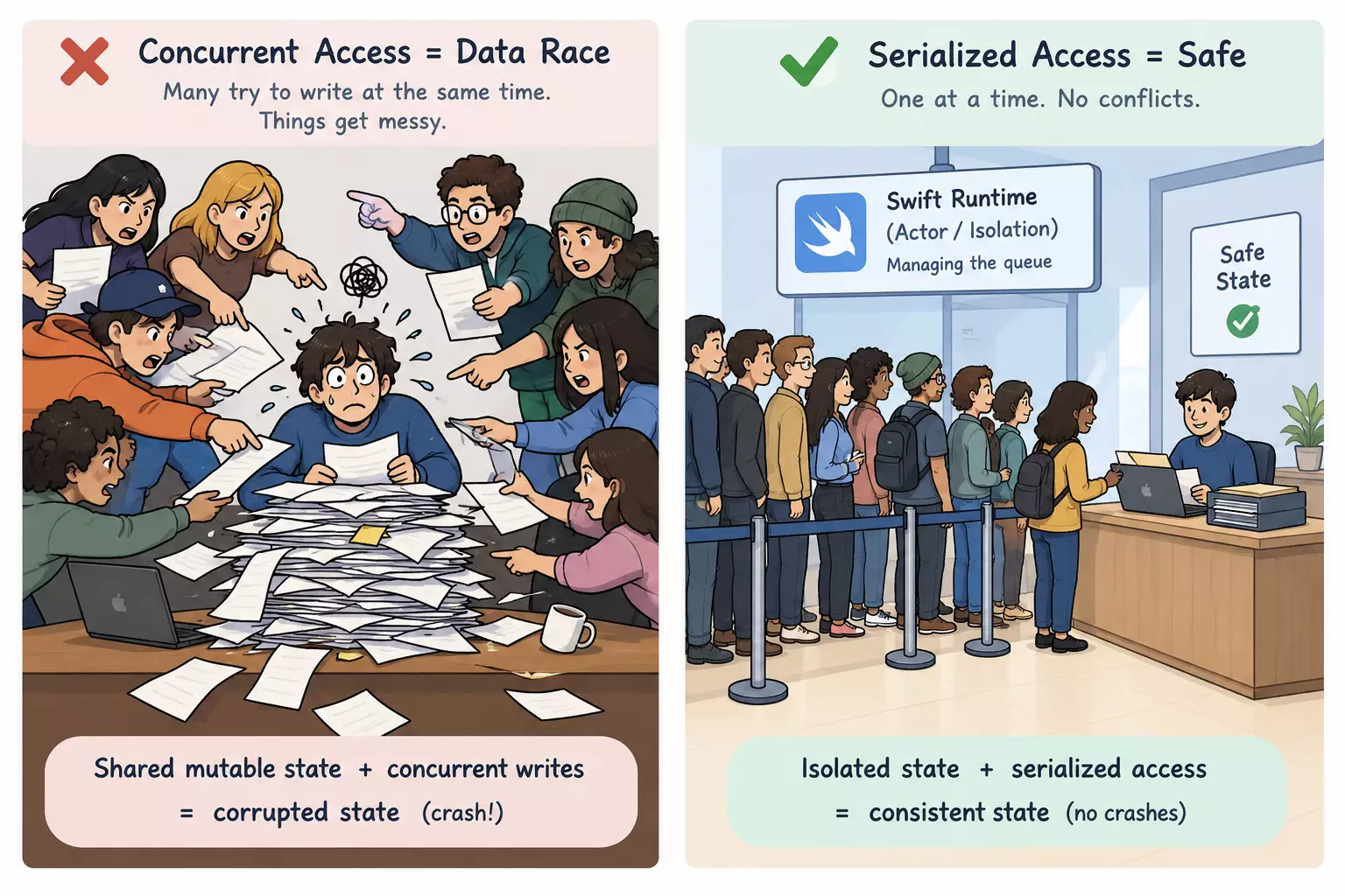 Chaos vs. Order_ Serialized Access swift concurrency with sendable erros in swift. preventing data races with actors.