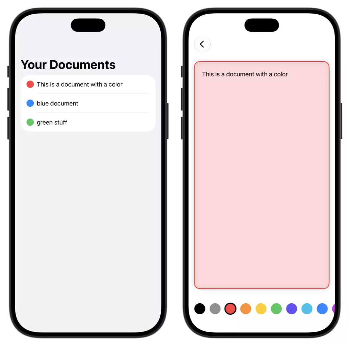 when-to-use-viewmodel-example-1 iOS app with document app. Simple version with a color picker for the document background. No view model needed. MVVM would be overkill in this example.